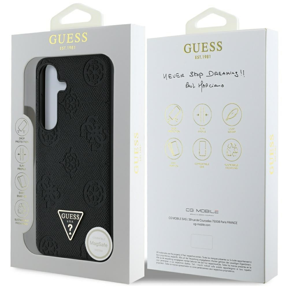 Калъф MagSafe за Samsung Galaxy S25 S931, Guess, Peony Grained Hot Stamp Triangle, Черен