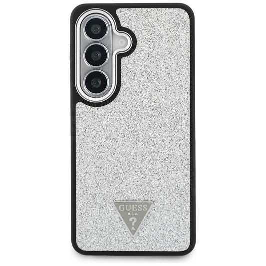 Калъф MagSafe за Samsung Galaxy S26 S942, Guess, Фиксирано лого с триъгълник и брокат, Сребрист
