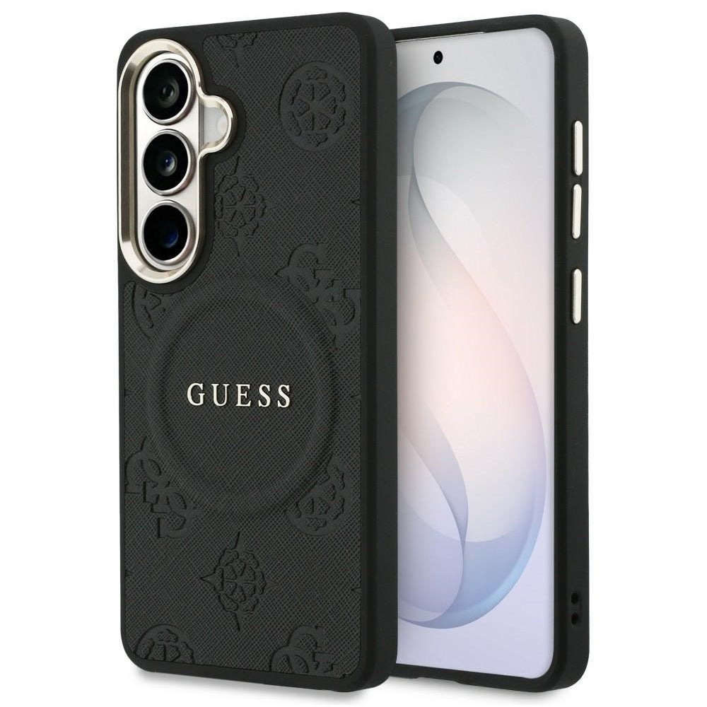 Калъф MagSafe за Samsung Galaxy S26 S942, Guess, Saffiano Peony Embossed Ring, Черен