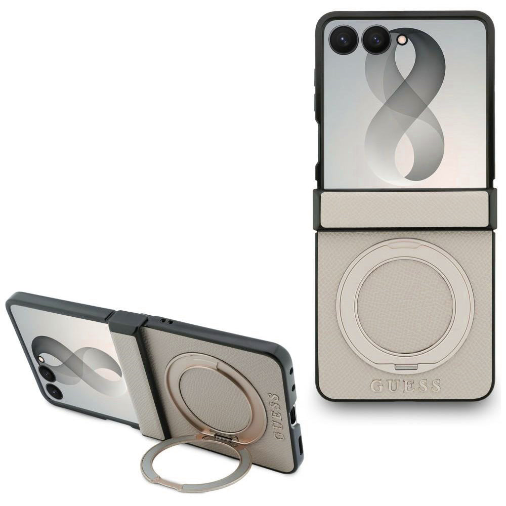 Калъф MagSafe за Samsung Galaxy Z Flip8 F776, Guess, Ring Stand Grained Classic Logo, Бежов