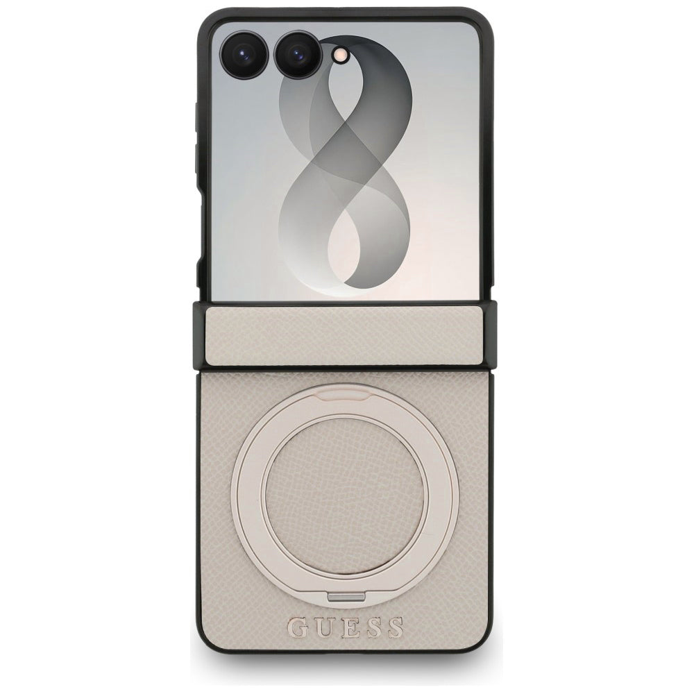 Калъф MagSafe за Samsung Galaxy Z Flip8 F776, Guess, Ring Stand Grained Classic Logo, Бежов