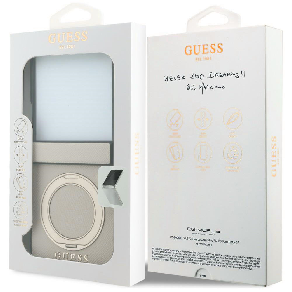 Калъф MagSafe за Samsung Galaxy Z Flip8 F776, Guess, Ring Stand Grained Classic Logo, Бежов