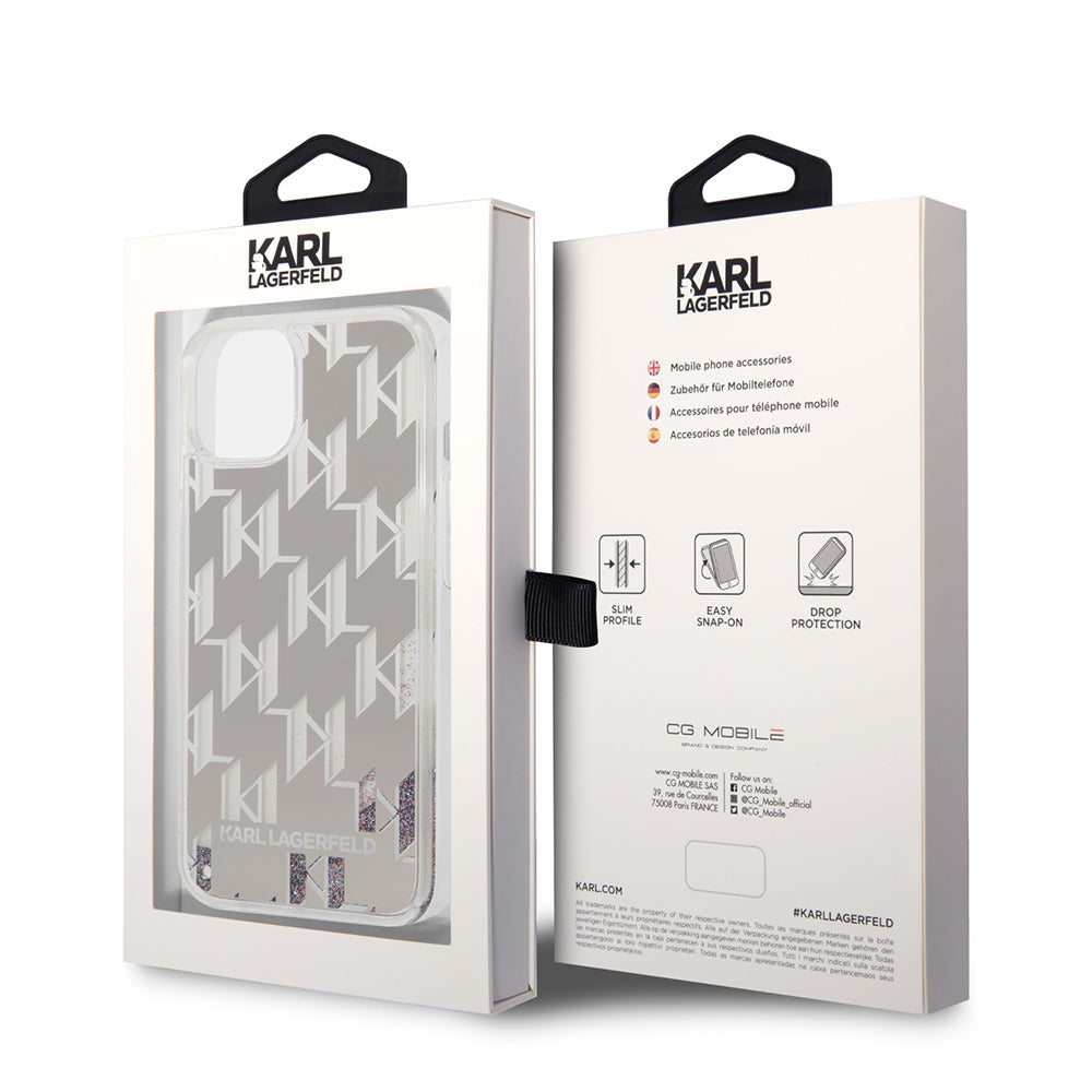 Калъф за Apple iPhone 14, Karl Lagerfeld, Liquid Glitter Monogram, Сребрист