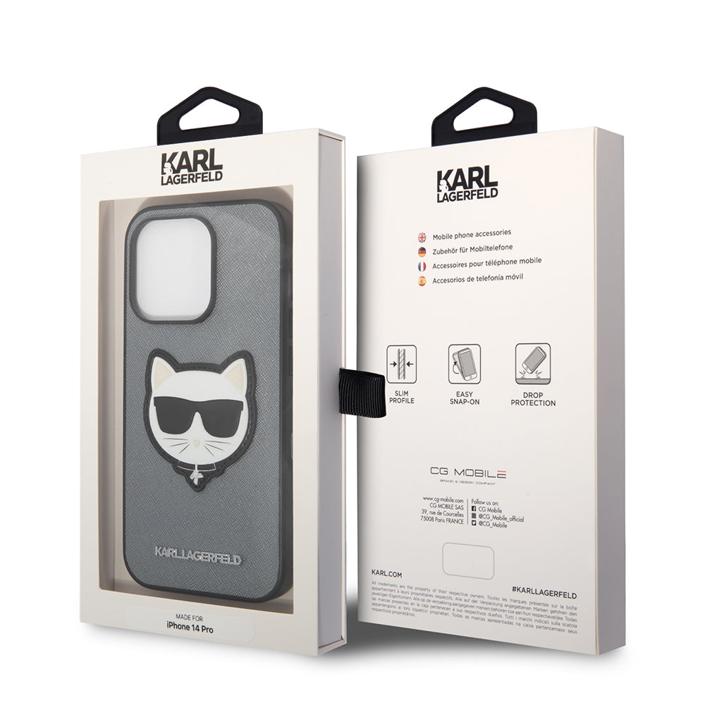 Калъф за Apple iPhone 14, Karl Lagerfeld, Saffiano Choupette's Head, Сребрист
