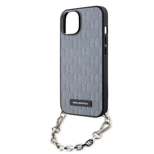 Калъф за Apple iPhone 14, Karl Lagerfeld, Saffiano Monogram Chain, Сребрист