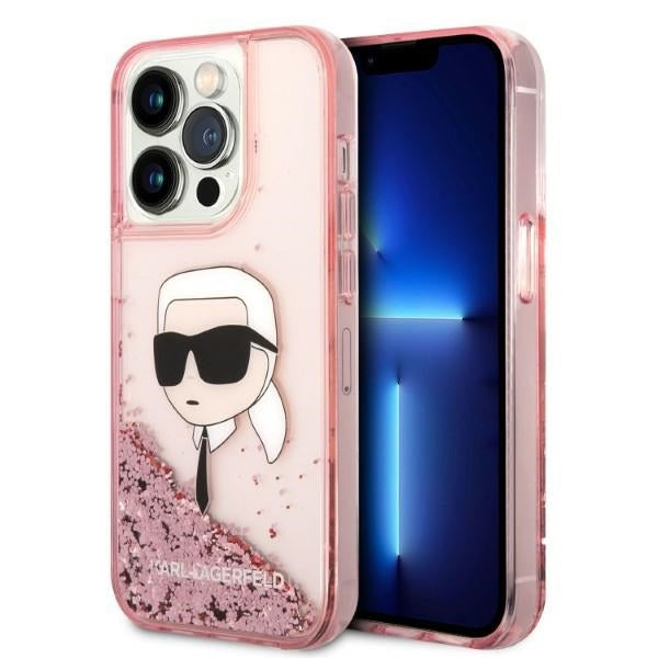 Калъф за Apple iPhone 14 Pro, Karl Lagerfeld, Glitter Karl's Head, Розов
