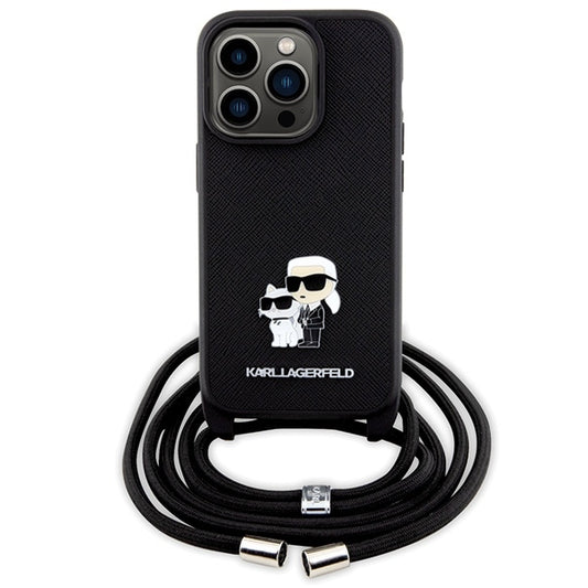 Калъф за Apple iPhone 14 Pro, Karl Lagerfeld, Saffiano Crossbody Metal Pin Karl & Choupette, Черен