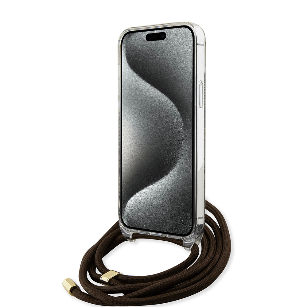 Калъф за Apple iPhone 15, Guess, 4G IML Printed Crossbody, Кафяв