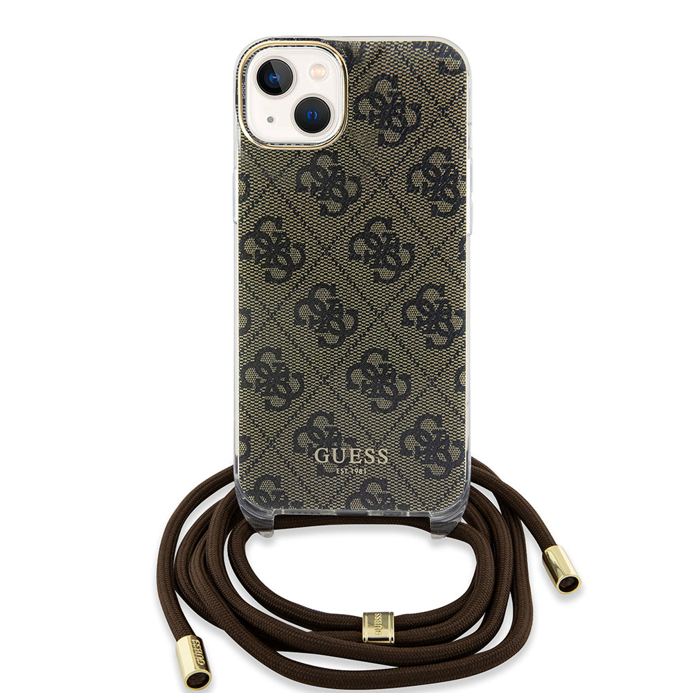 Калъф за Apple iPhone 15, Guess, 4G IML Printed Crossbody, Кафяв