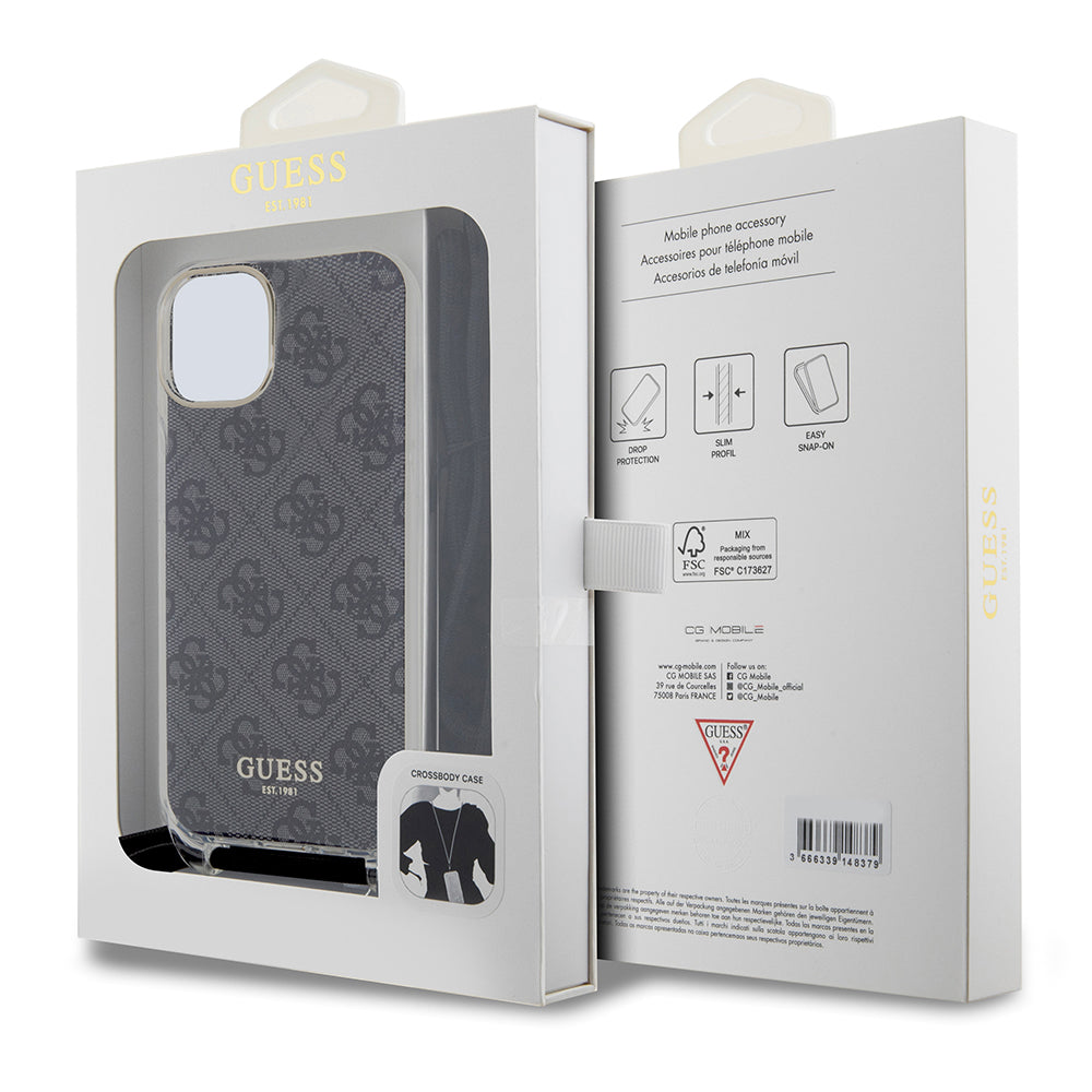 Калъф за Apple iPhone 15, Guess, 4G IML Printed Crossbody, Черен