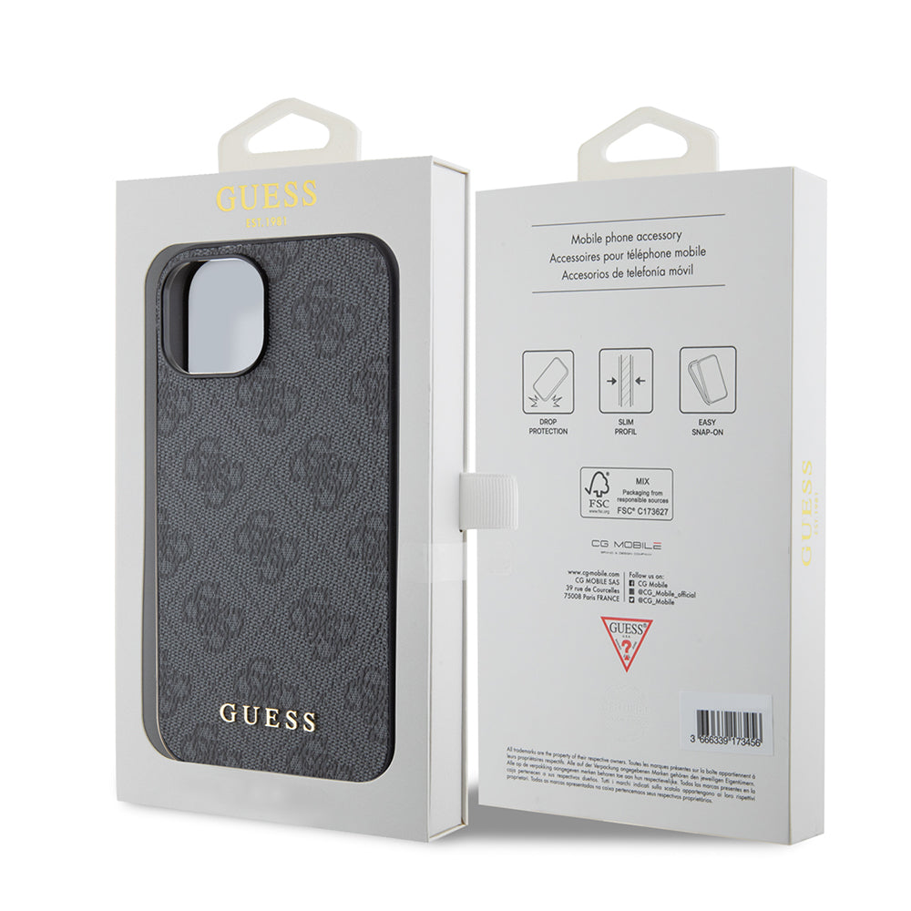 Калъф за Apple iPhone 15, Guess, 4G Metal Gold Logo, Сив