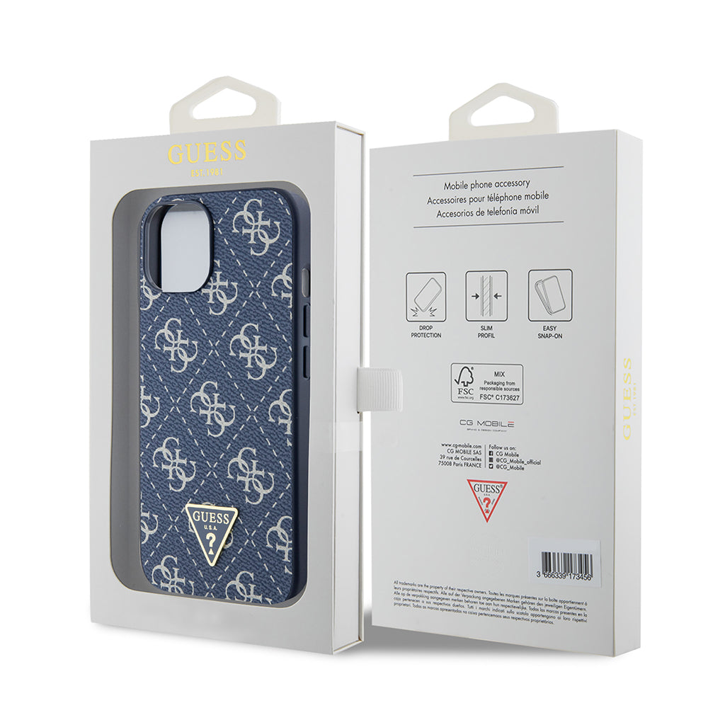 Калъф за Apple iPhone 15, Guess, 4G Triangle Logo, Син