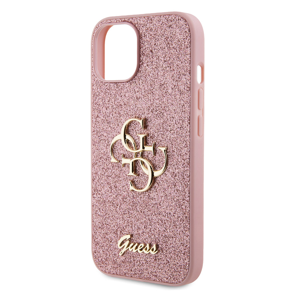 Калъф за Apple iPhone 15, Guess, Glitter Big 4G Script, Розов