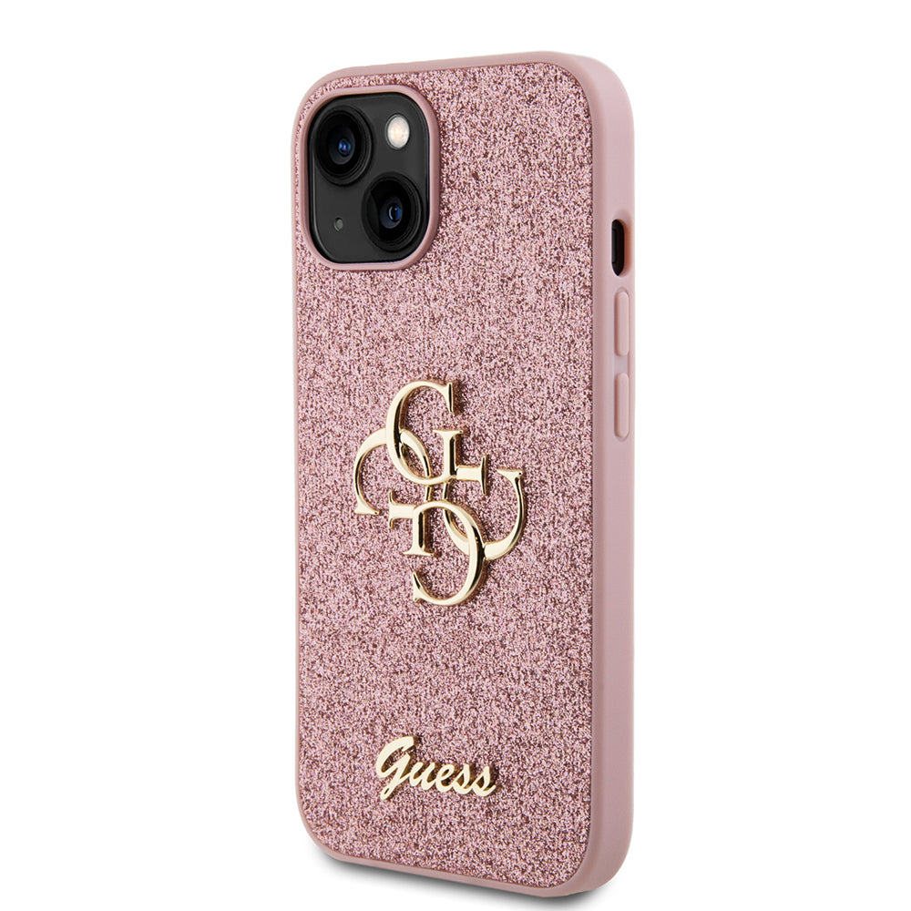 Калъф за Apple iPhone 15, Guess, Glitter Big 4G Script, Розов