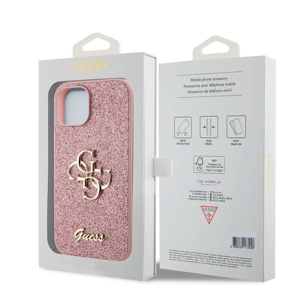 Калъф за Apple iPhone 15, Guess, Glitter Big 4G Script, Розов