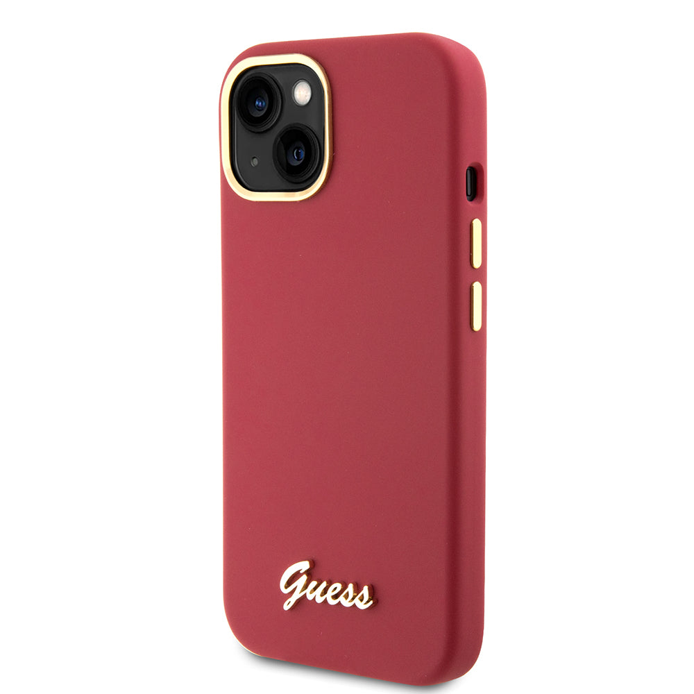 Калъф за Apple iPhone 15, Guess, Script Metal Logo & Frame, Розов