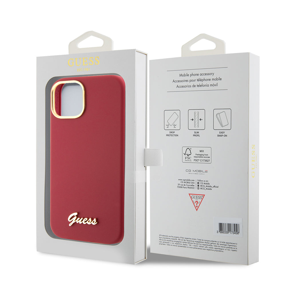 Калъф за Apple iPhone 15, Guess, Script Metal Logo & Frame, Розов
