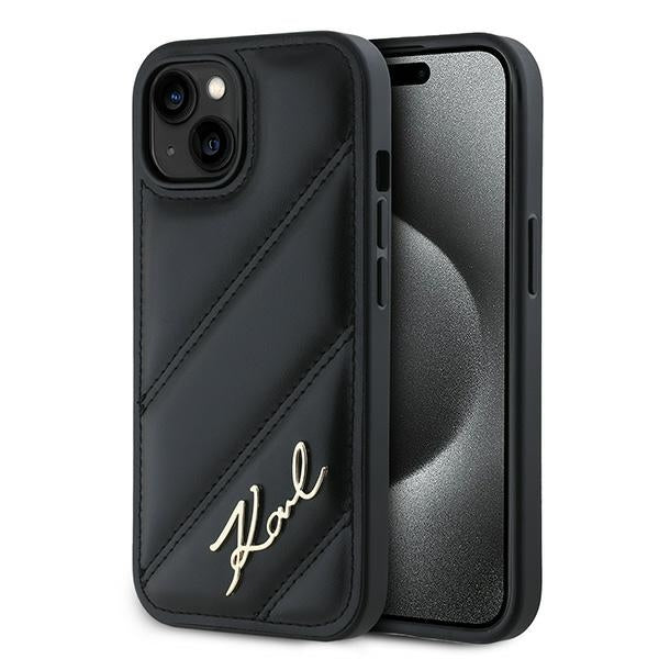 Калъф за Apple iPhone 15, Karl Lagerfeld, Diagonal Quilted Script, Черен