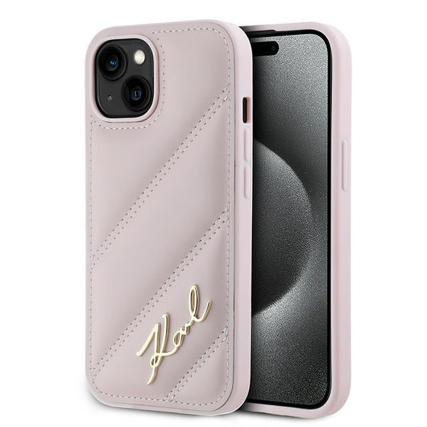Калъф за Apple iPhone 15, Karl Lagerfeld, Diagonal Quilted Script, Розов