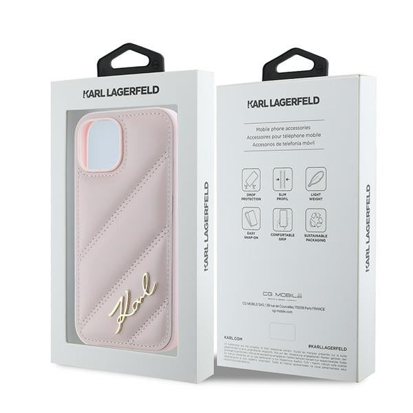 Калъф за Apple iPhone 15, Karl Lagerfeld, Diagonal Quilted Script, Розов