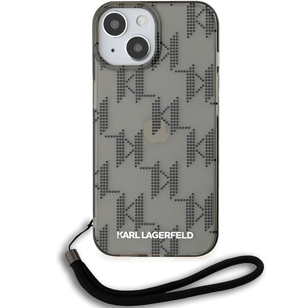 Калъф за Apple iPhone 15, Karl Lagerfeld, IML Luxury Monogram KL Pattern with Strap, Черен