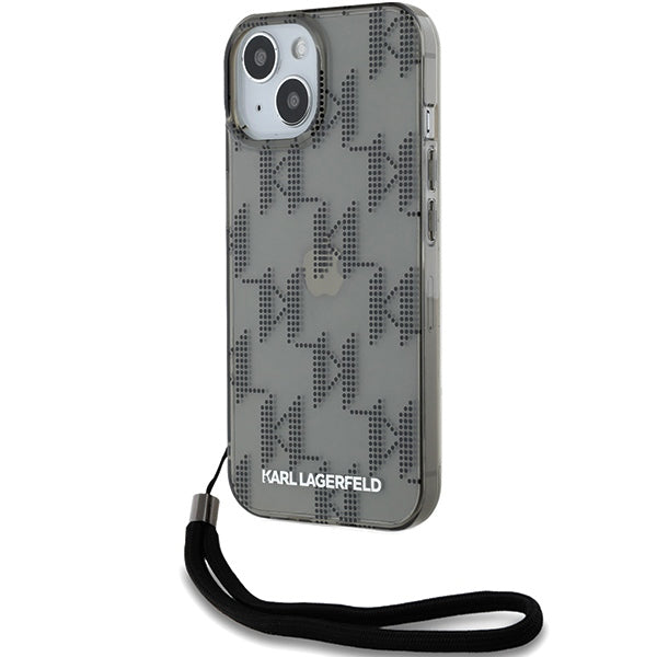 Калъф за Apple iPhone 15, Karl Lagerfeld, IML Luxury Monogram KL Pattern with Strap, Черен