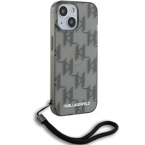 Калъф за Apple iPhone 15, Karl Lagerfeld, IML Luxury Monogram KL Pattern with Strap, Черен