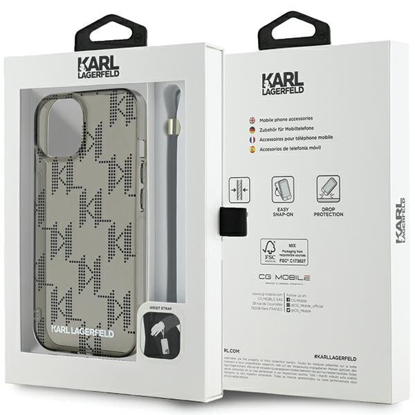 Калъф за Apple iPhone 15, Karl Lagerfeld, IML Luxury Monogram KL Pattern with Strap, Черен