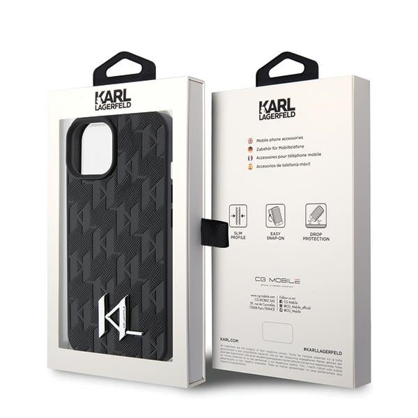 Калъф за Apple iPhone 15, Karl Lagerfeld, Monogram Hot Stamp Metal Logo, Черен