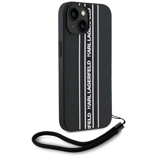 Калъф за Apple iPhone 15, Karl Lagerfeld, Saffiano Athleisure Stripes with Strap, Розов