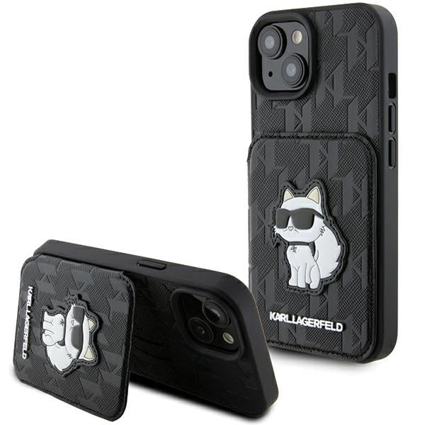 Калъф за Apple iPhone 15, Karl Lagerfeld, Saffiano Cardslots and Stand Monogram Choupette, Черен