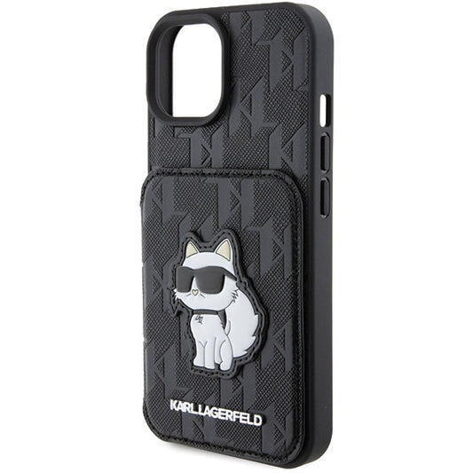 Калъф за Apple iPhone 15, Karl Lagerfeld, Saffiano Cardslots and Stand Monogram Choupette, Черен