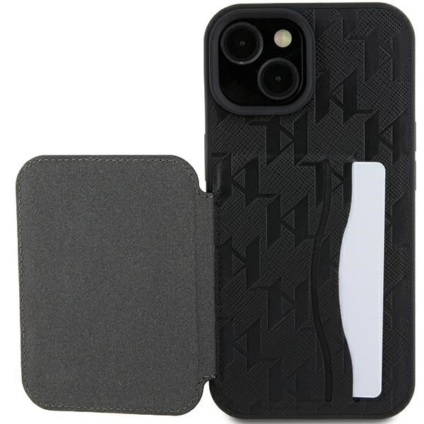 Калъф за Apple iPhone 15, Karl Lagerfeld, Saffiano Cardslots and Stand Monogram Choupette, Черен