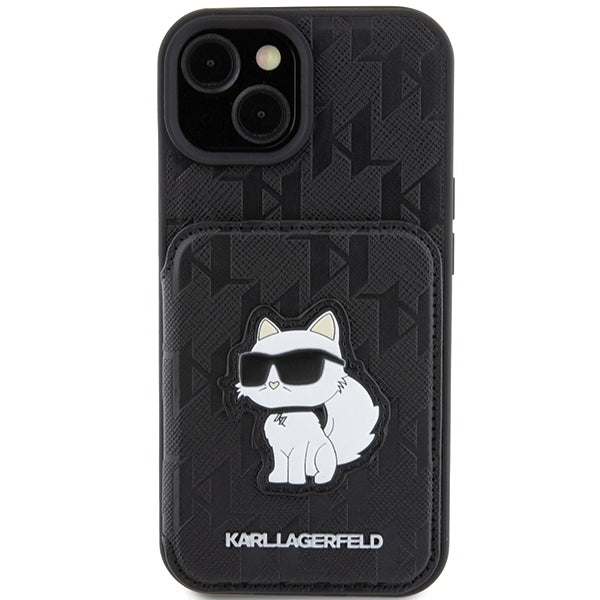 Калъф за Apple iPhone 15, Karl Lagerfeld, Saffiano Cardslots and Stand Monogram Choupette, Черен