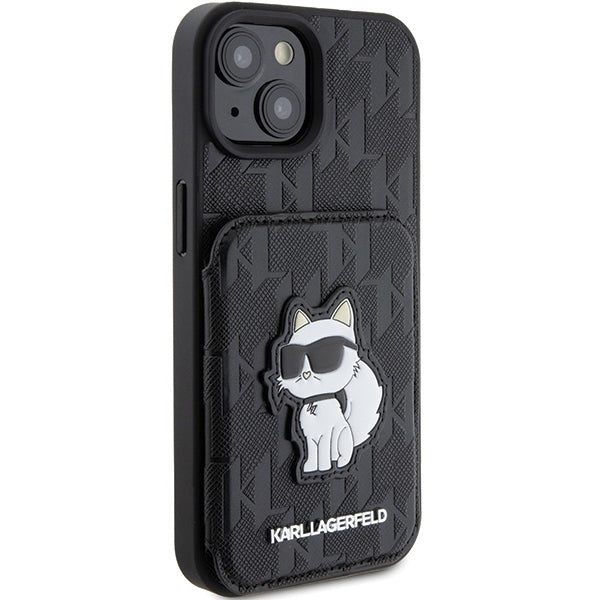 Калъф за Apple iPhone 15, Karl Lagerfeld, Saffiano Cardslots and Stand Monogram Choupette, Черен