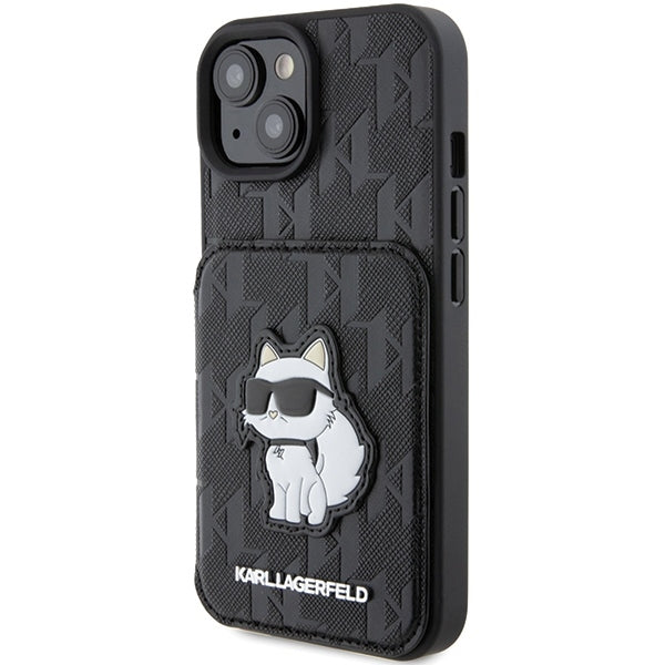 Калъф за Apple iPhone 15, Karl Lagerfeld, Saffiano Cardslots and Stand Monogram Choupette, Черен