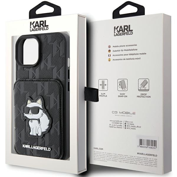 Калъф за Apple iPhone 15, Karl Lagerfeld, Saffiano Cardslots and Stand Monogram Choupette, Черен