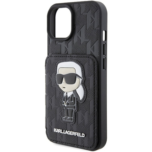 Калъф за Apple iPhone 15, Karl Lagerfeld, Saffiano Cardslots and Stand Monogram Ikonik Karl, Черен