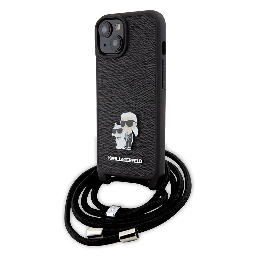 Калъф за Apple iPhone 15, Karl Lagerfeld, Saffiano Crossbody Metal Pin Karl & Choupette, Черен