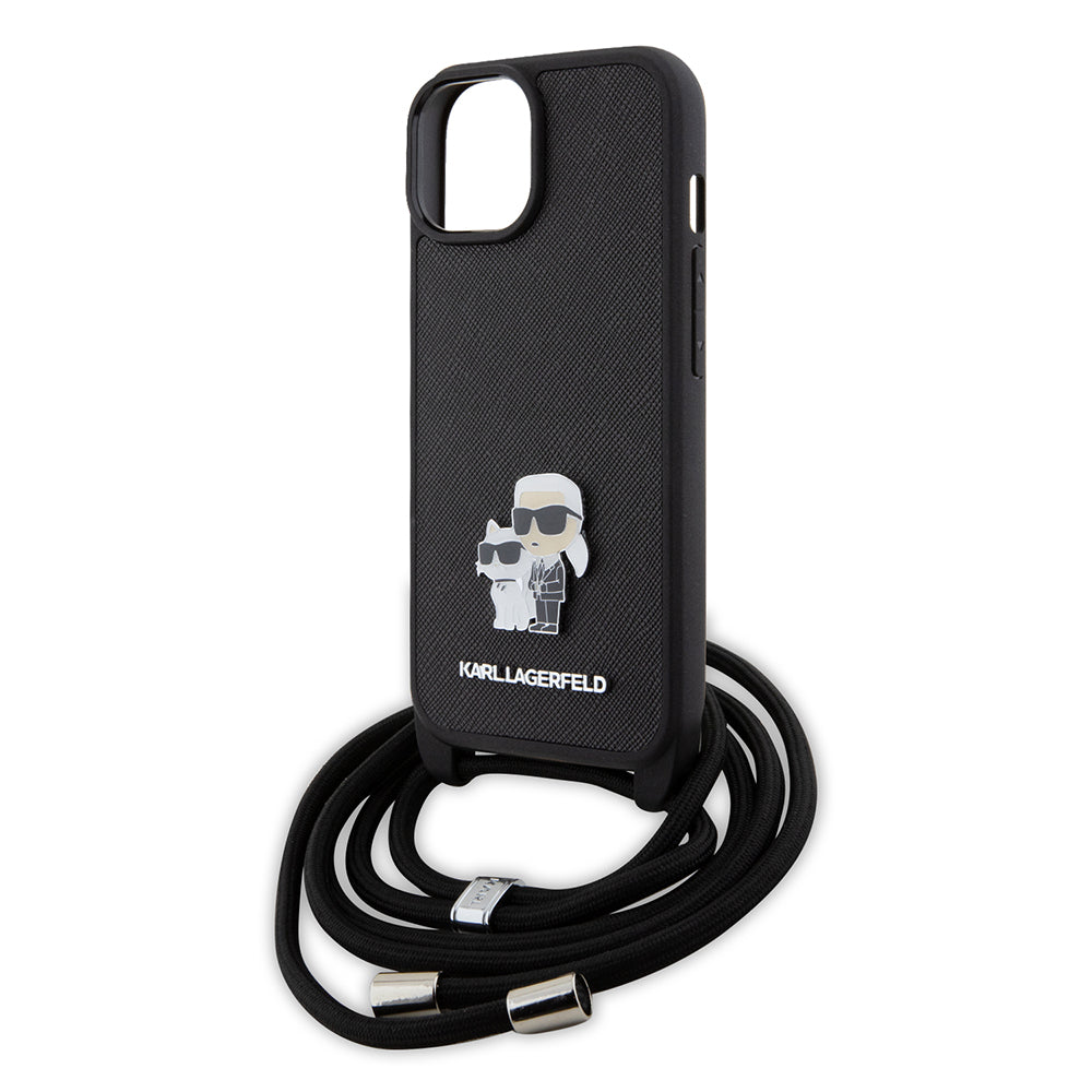 Калъф за Apple iPhone 15, Karl Lagerfeld, Saffiano Crossbody Metal Pin Karl & Choupette, Черен