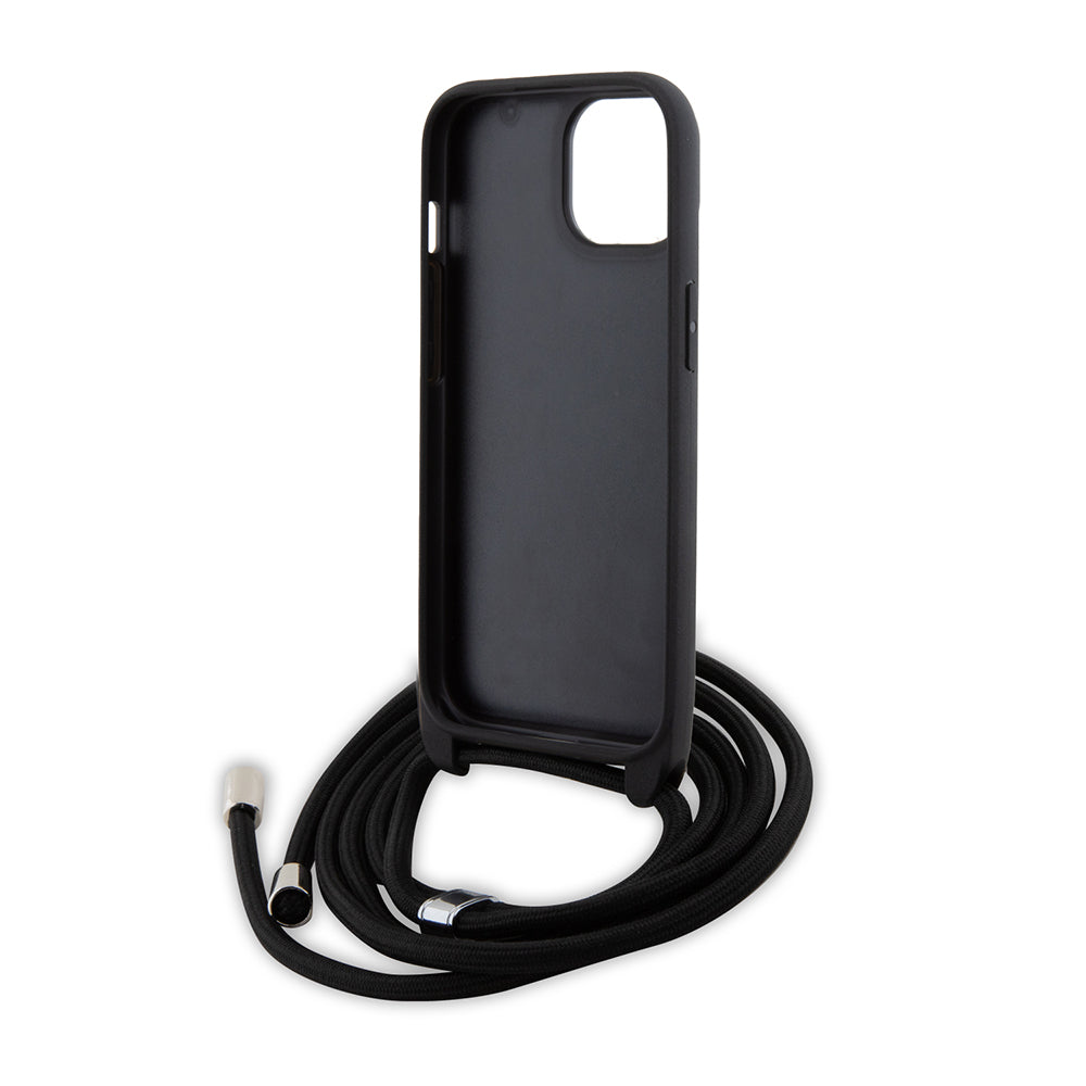 Калъф за Apple iPhone 15, Karl Lagerfeld, Saffiano Crossbody Metal Pin Karl & Choupette, Черен