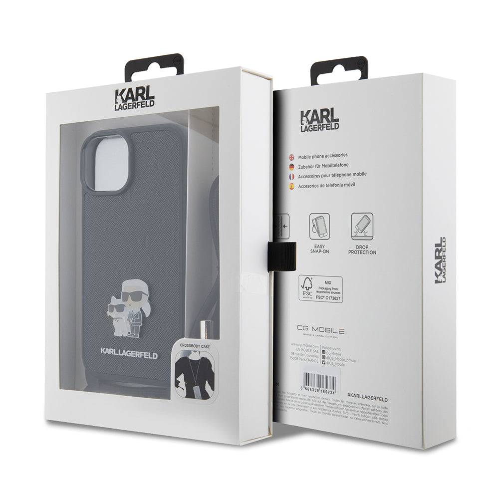 Калъф за Apple iPhone 15, Karl Lagerfeld, Saffiano Crossbody Metal Pin Karl & Choupette, Черен