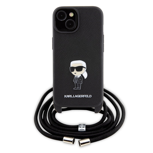 Калъф за Apple iPhone 15, Karl Lagerfeld, Saffiano Crossbody Monogram Metal Pin Karl, Черен