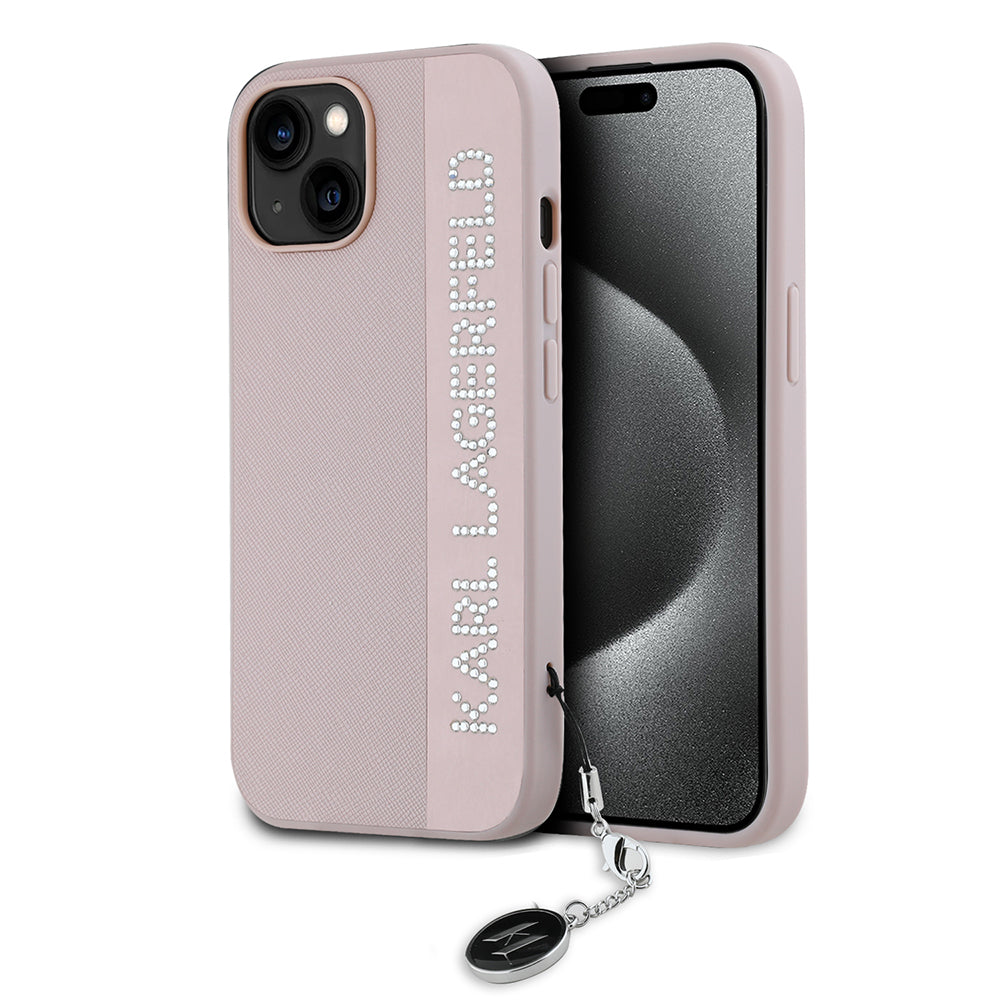 Калъф за Apple iPhone 15, Karl Lagerfeld, Saffiano Rhinestones & Charm, Розов