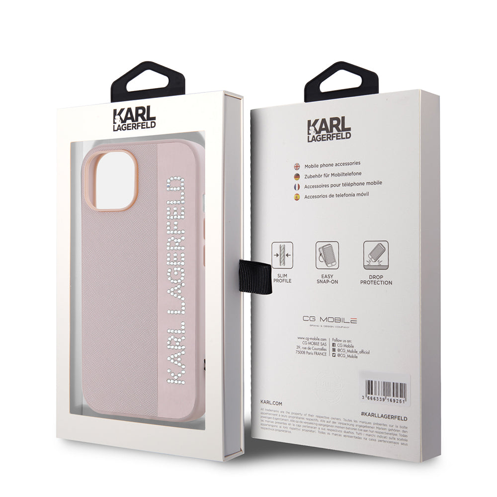 Калъф за Apple iPhone 15, Karl Lagerfeld, Saffiano Rhinestones & Charm, Розов