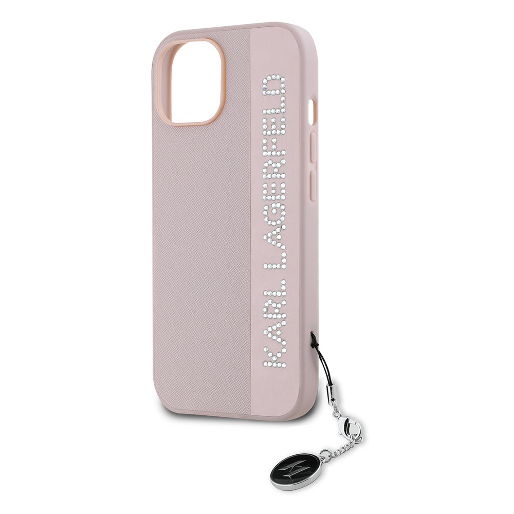 Калъф за Apple iPhone 15, Karl Lagerfeld, Saffiano Rhinestones & Charm, Розов