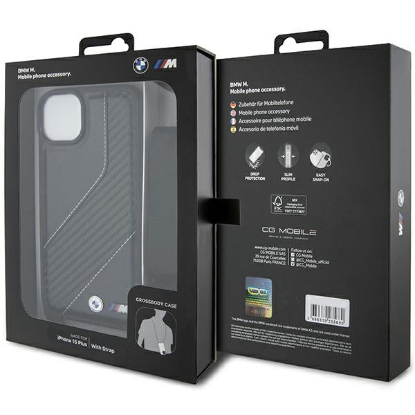 Калъф за Apple iPhone 15 Plus, BMW, M Edition Carbon Stripe & Strap, Черен