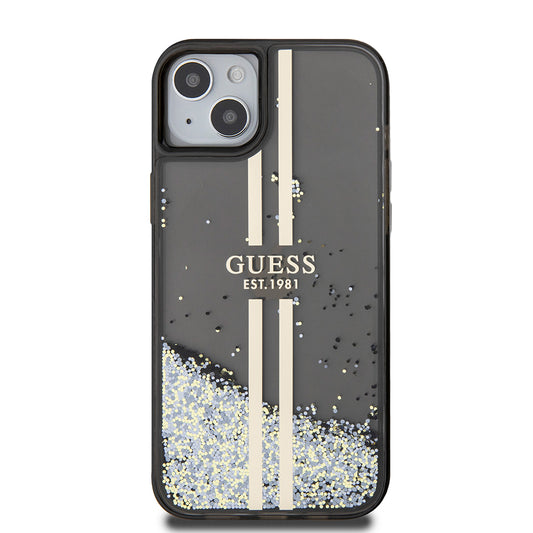 Калъф за Apple iPhone 15 Plus, Guess, Liquid Glitter Gold Stripes, Черен