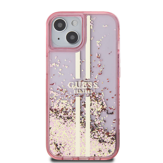Калъф за Apple iPhone 15 Plus, Guess, Liquid Glitter Gold Stripes, Розов
