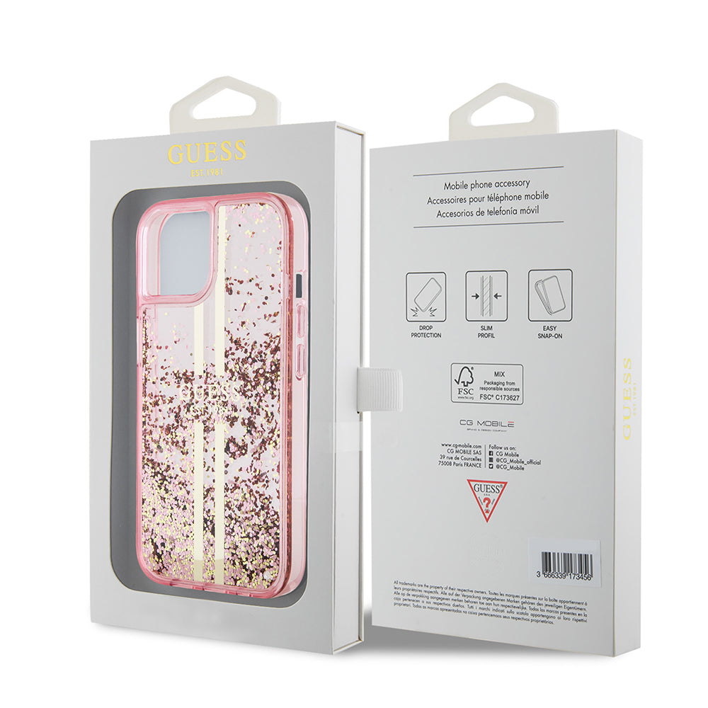 Калъф за Apple iPhone 15 Plus, Guess, Liquid Glitter Gold Stripes, Розов